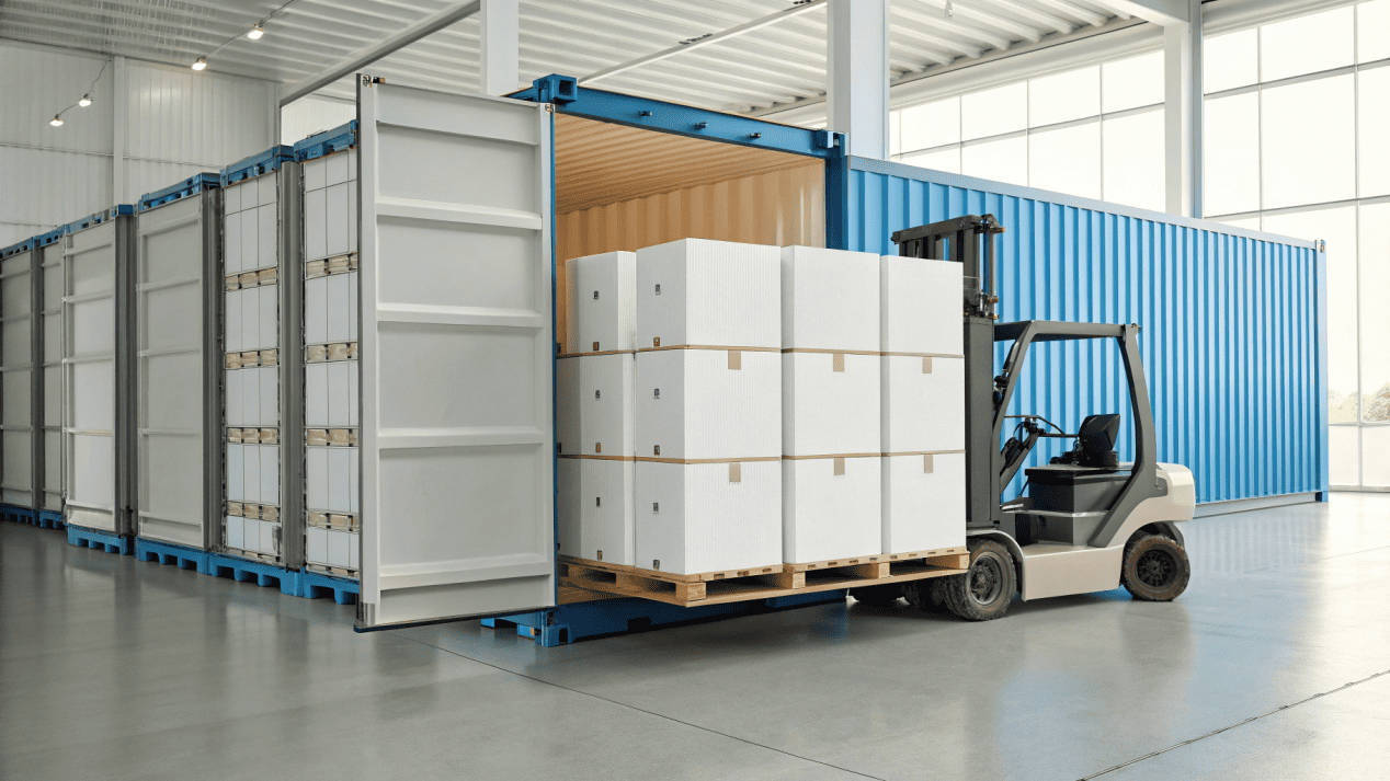 A shipping container being loaded with efficiently packed boxes of paper cups.