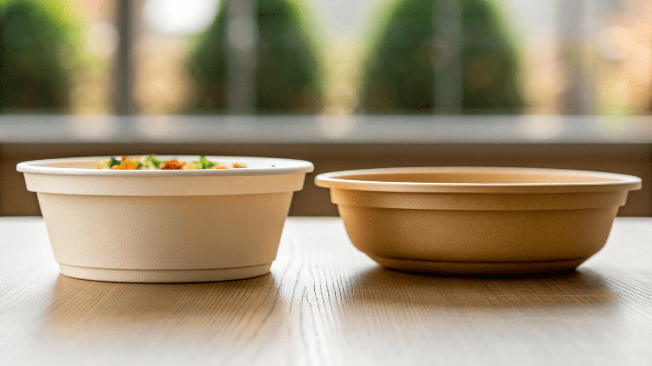 A compostable paper bowl and a plastic bowl side-by-side, with a delicious meal being served in the paper bowl.