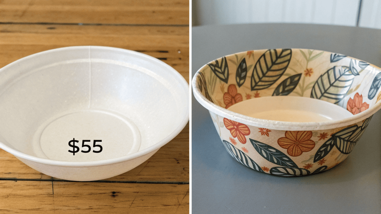 An image where a small price tag on a plastic bowl is contrasted with a 'value' tag on a paper bowl showing 'marketing + loyalty + premium feel'.