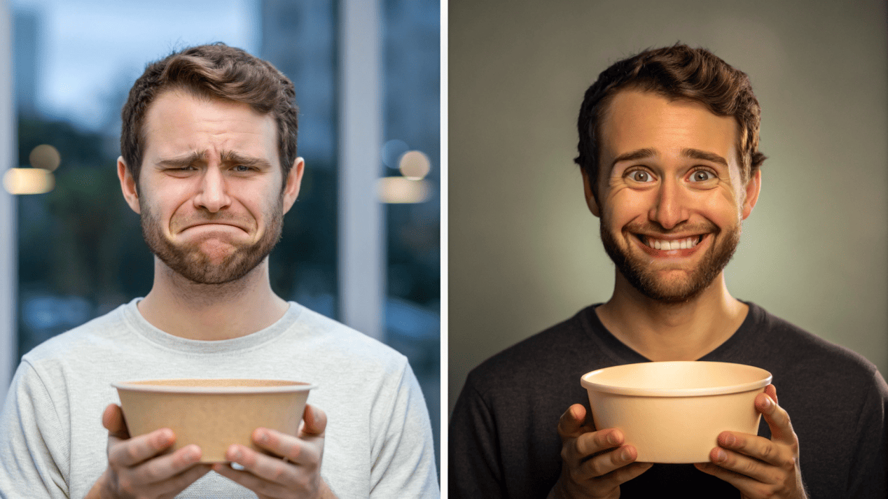 A customer frowning at a plastic bowl, contrasted with another customer smiling while holding a branded paper bowl.