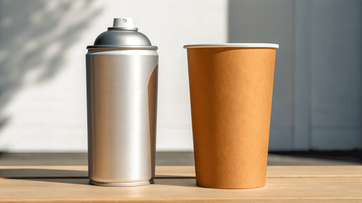 A can of acrylic spray next to a professionally made, waterproof paper cup.