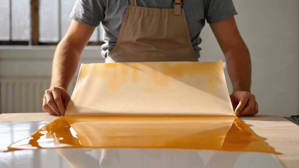 A person attempting to coat a piece of paper with melted wax, showing an uneven and messy result.