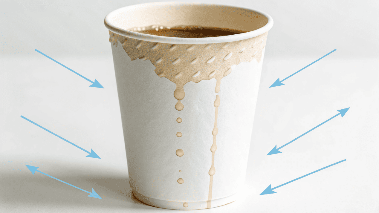 A diagram showing a cup leaking at the seams.