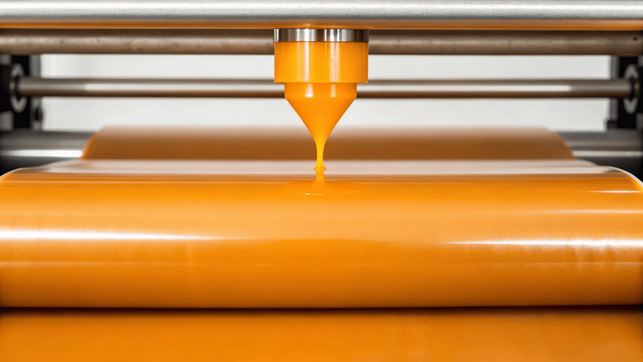 An illustration of the extrusion coating process, showing molten polymer being applied to a roll of paper.