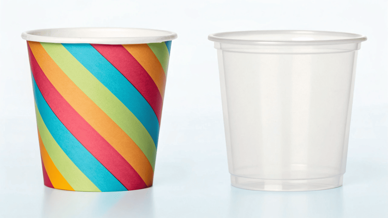A colorful, branded paper ice cream cup next to a generic clear plastic ice cream cup.