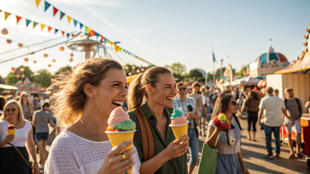 A crowd at an outdoor festival or market, with many people holding branded paper ice cream cups.