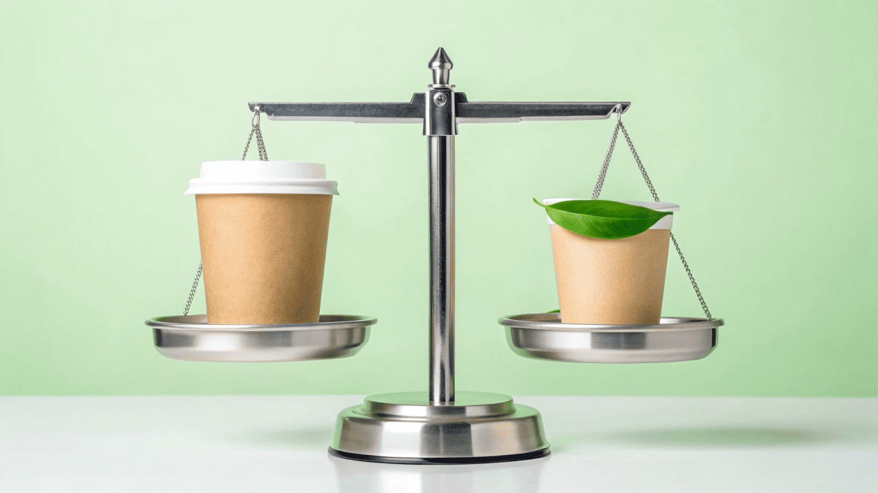 A scale balancing a traditional paper cup on one side and a compostable cup on the other.