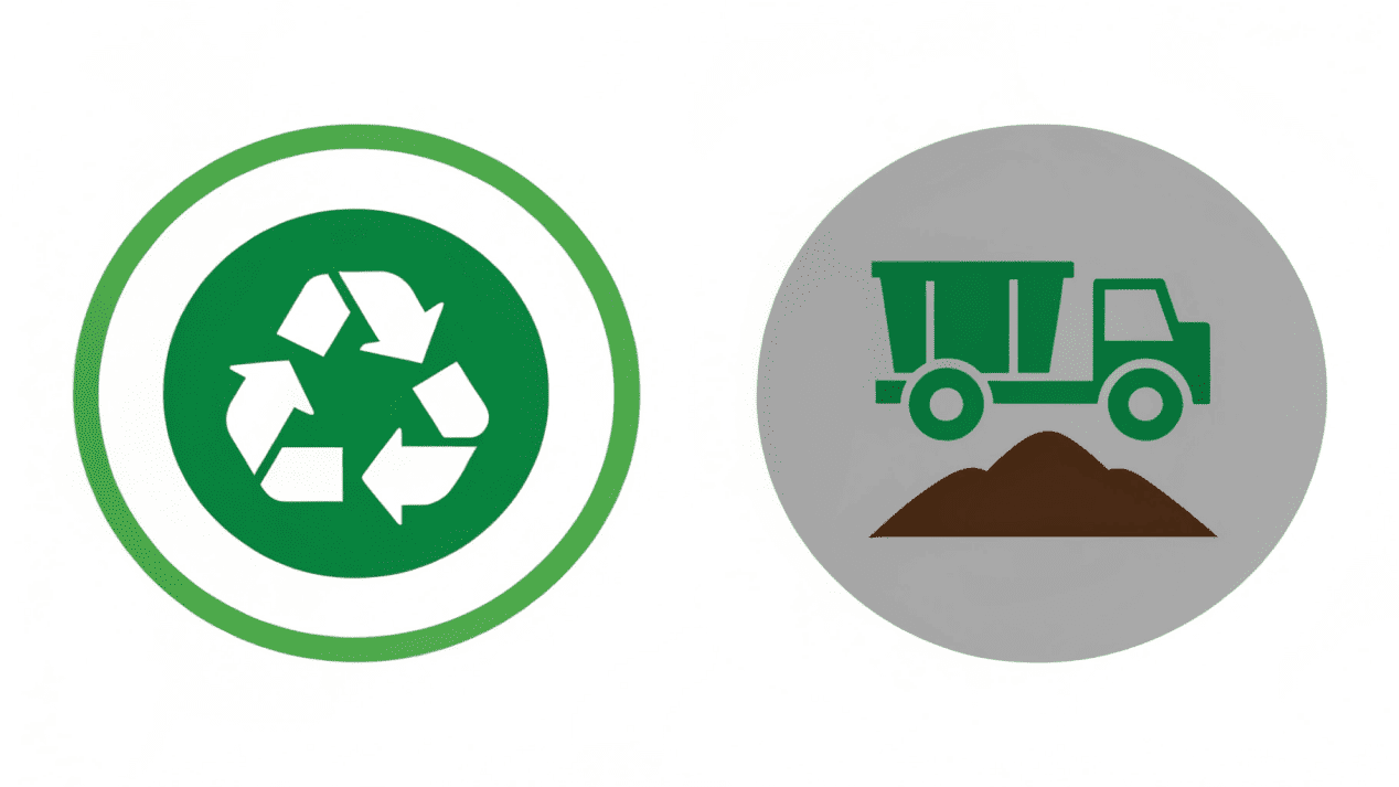 An icon of a commercial composting facility next to a landfill icon, creating a choice for disposal.