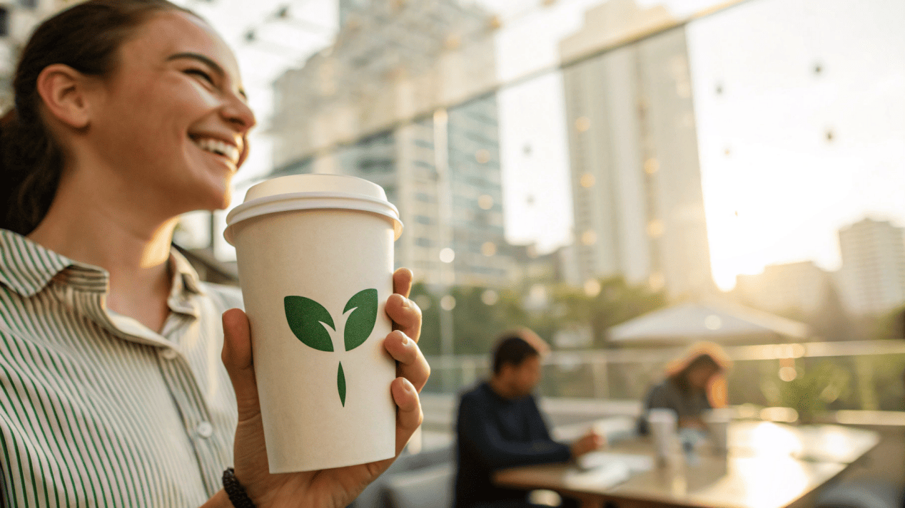 A happy customer holding a coffee cup with a clear "100% Compostable" logo.