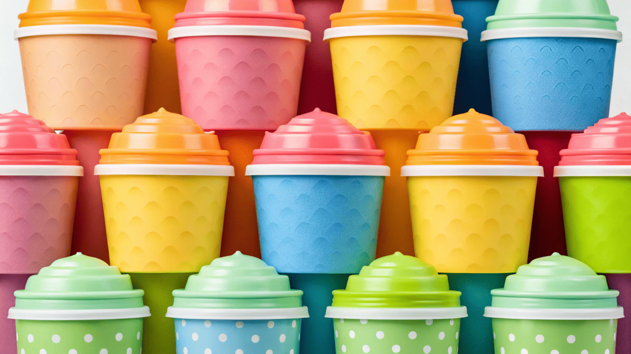 Custom Printed Ice Cream Cups as a Marketing Tool A collection of colorful and beautifully designed custom printed ice cream cups.