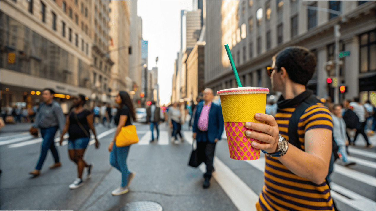 A Branded Cup as a Walking Billboard A person walking down a busy street holding a brightly branded ice cream cup that stands out from the crowd.