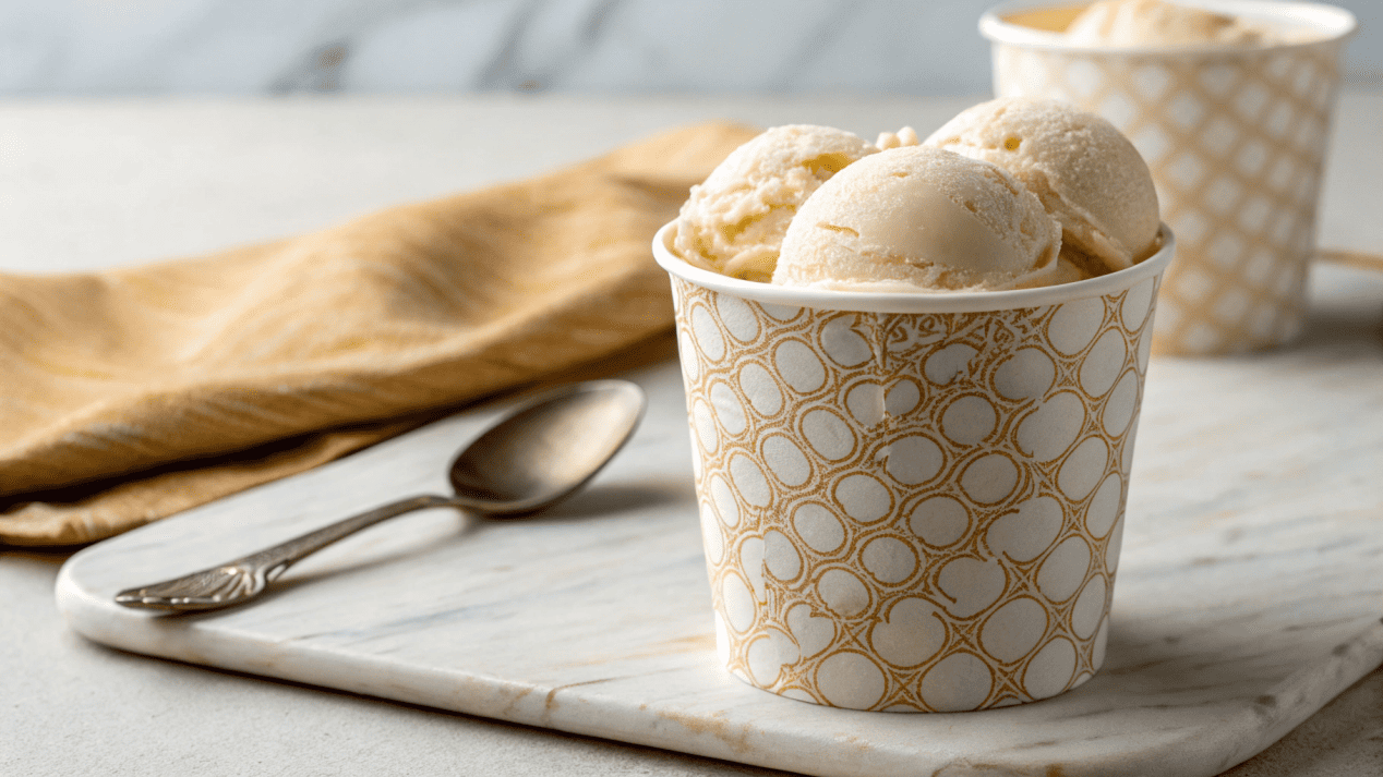 Using Premium Packaging to Justify Price An artisanal scoop of ice cream in a premium, beautifully printed cup, looking like an expensive treat.
