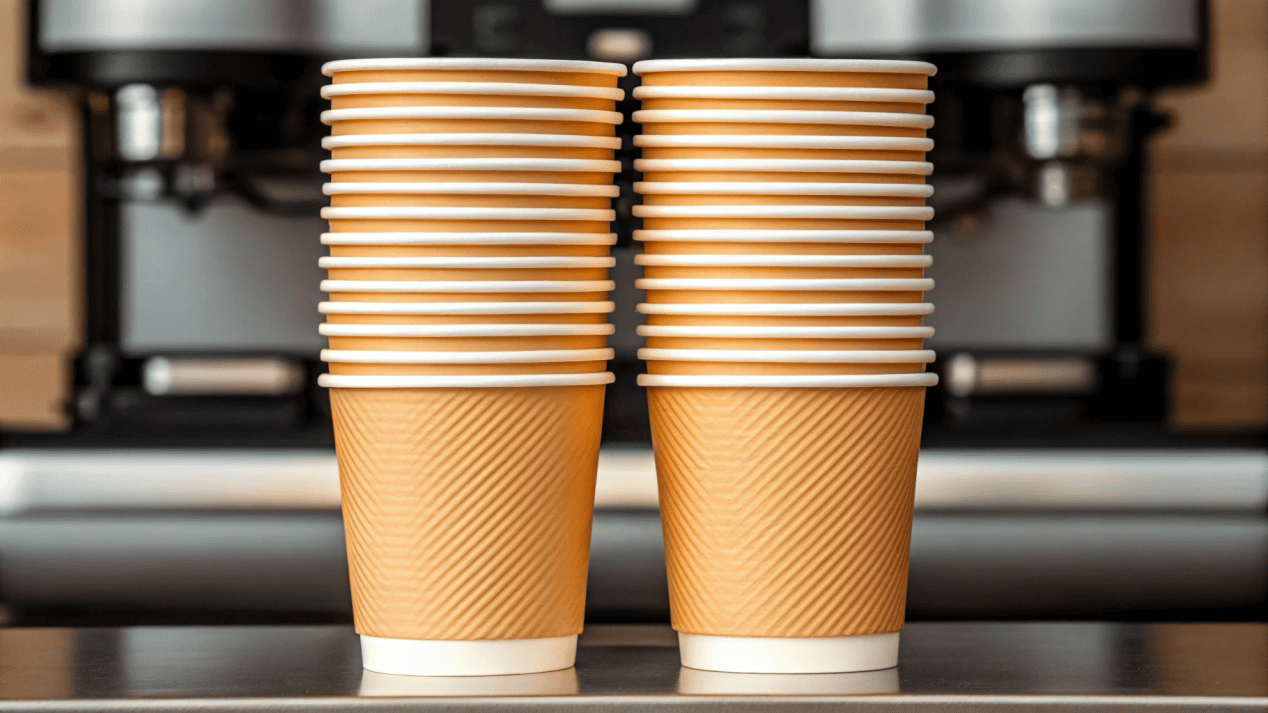 Plastic-Free Coffee Cup Solutions A stack of beautifully branded, eco-friendly paper coffee cups next to a coffee machine.