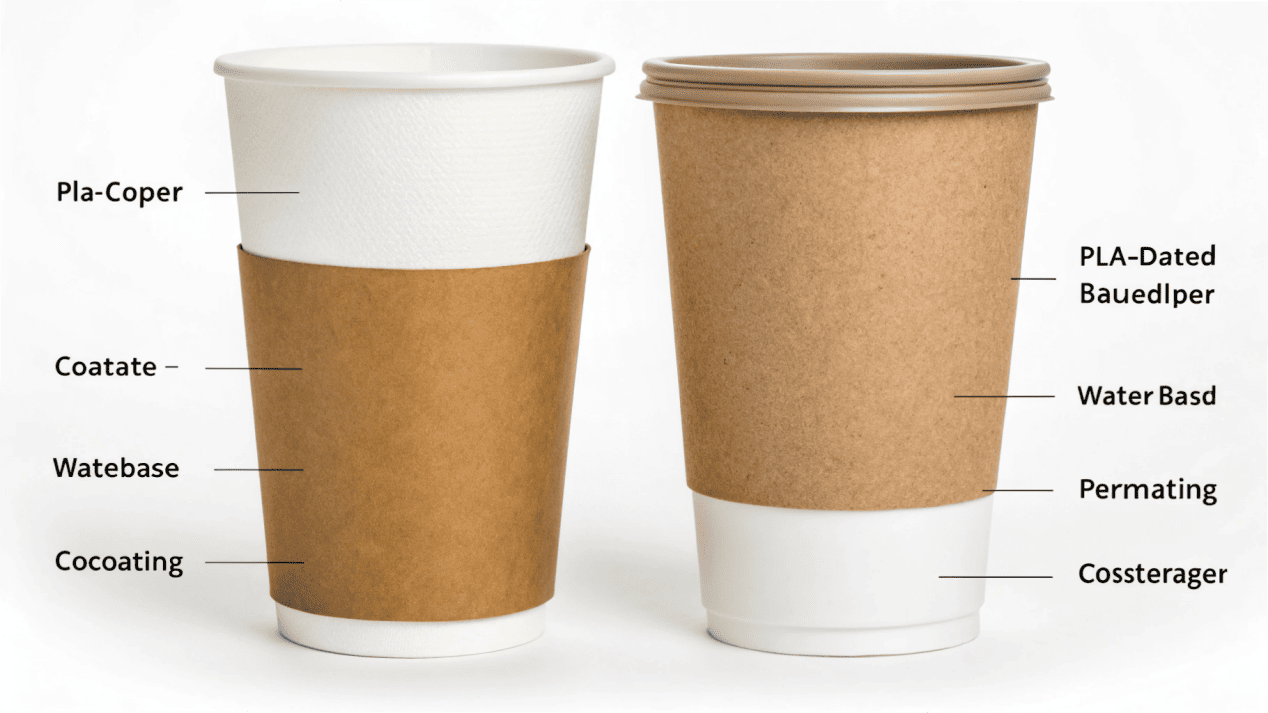 PLA vs Aqueous Coating Technology A diagram showing the layers of a PLA-lined cup versus an Aqueous-coated cup.