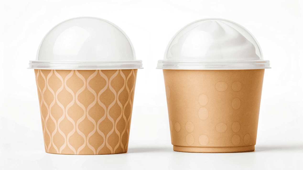 A branded paper ice cream cup next to a clear plastic one with ice cream inside.