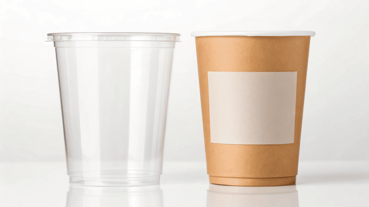 A price tag on a generic plastic cup versus a branded paper cup with "Marketing Value" text.