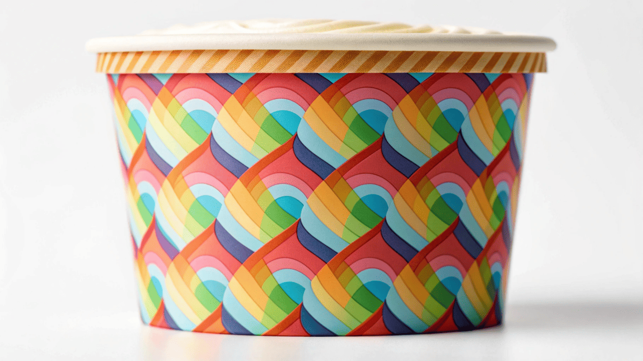 A stunning, full-wrap, colorful design on a paper ice cream cup.