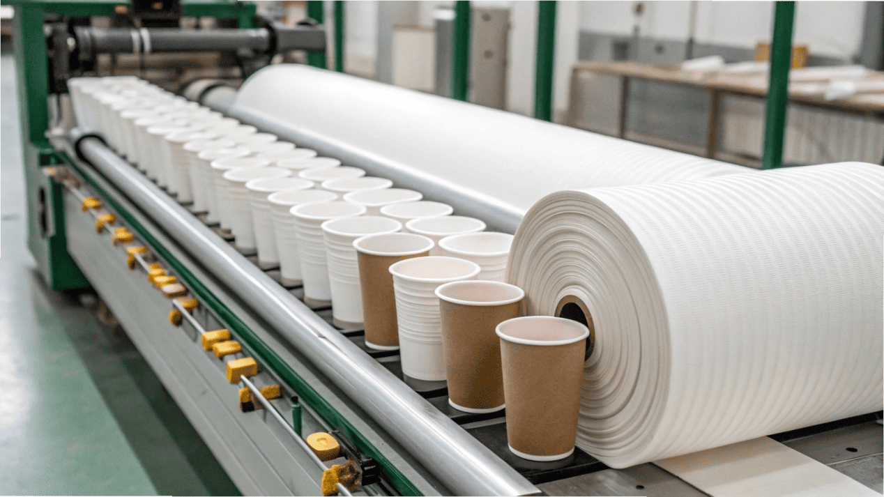 A diagram showing the process from paper roll to finished coffee cup.