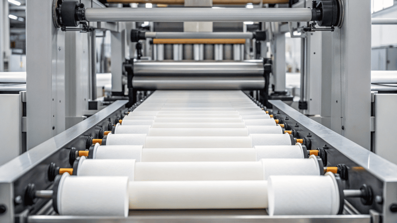 A high-speed paper cup forming machine in action inside a factory.