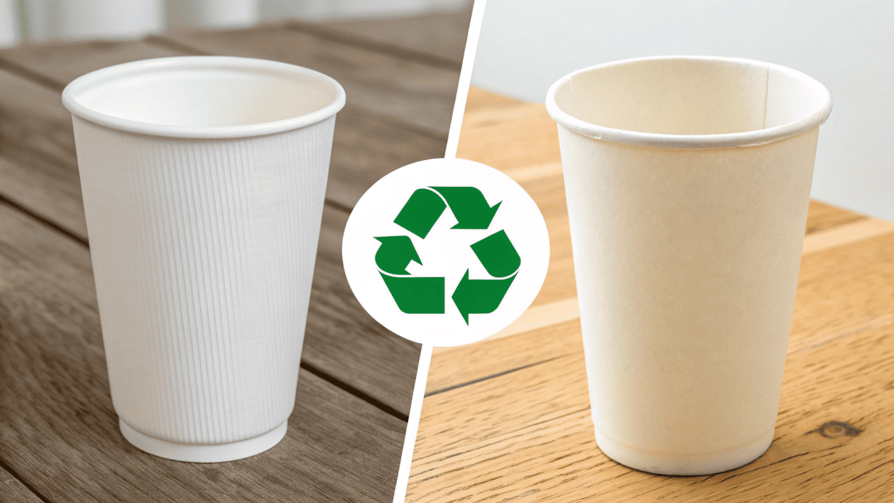 A graphic comparing a PE-lined cup (trash) to an Aqueous-coated cup (recyclable).