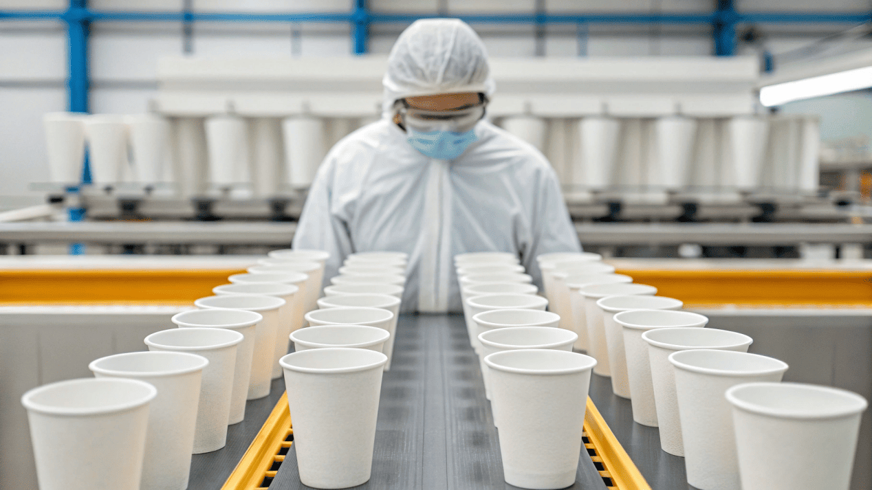 A quality control inspector carefully checking paper cups for defects in a factory.