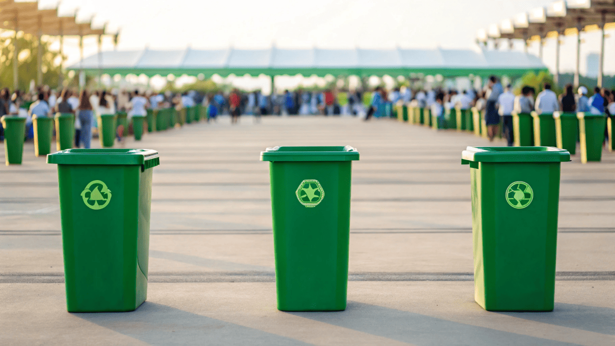 A large outdoor event with clearly marked bins for compostable cups, showing a clean and green environment.