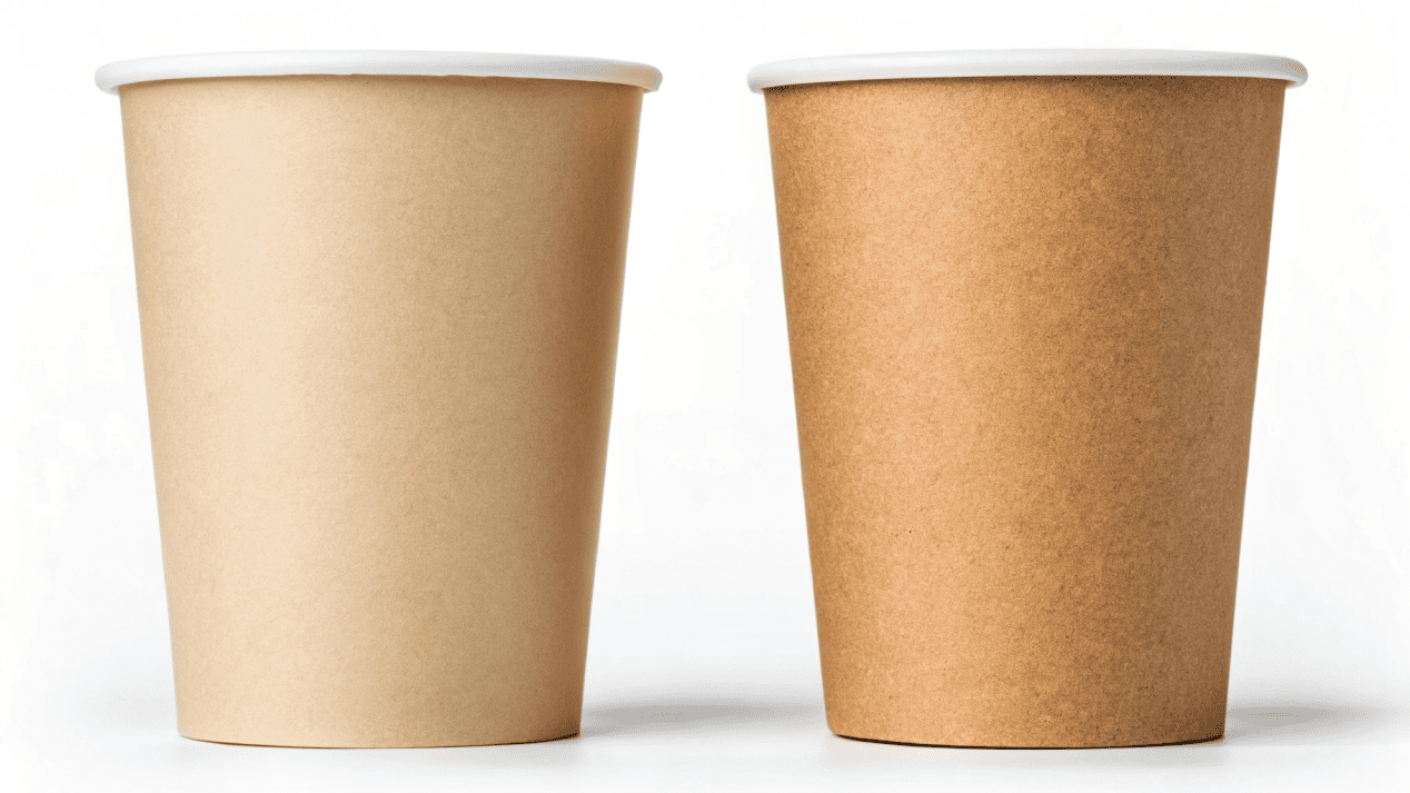 A close-up of two eco-friendly cups, one labeled 'Compostable (PLA)' and the other 'Plastic-Free (Aqueous)'.