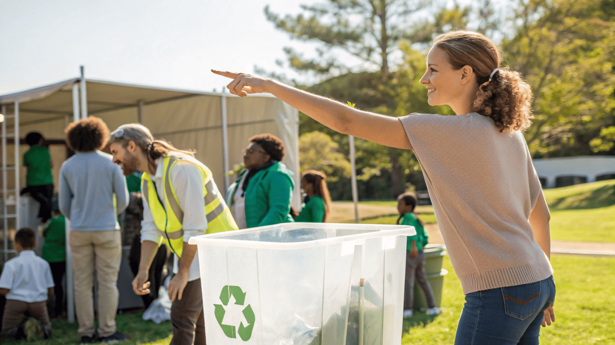 An event volunteer pointing to a clear, graphic-based sign above a composting bin, helping an attendee sort their waste.