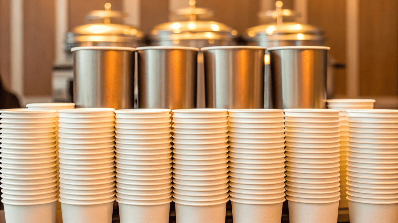 A professional catering setup with stacks of different-sized branded soup cups ready for service.
