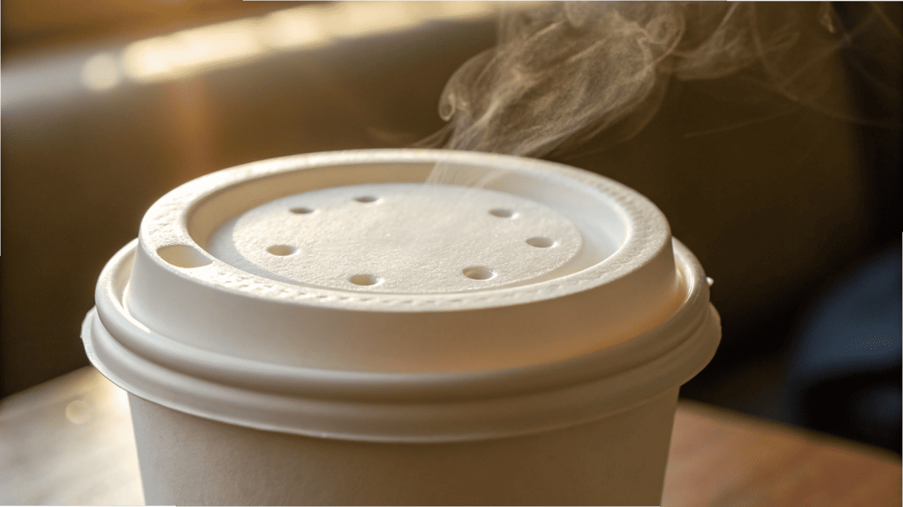 A close-up shot of a vented soup cup lid with a small amount of steam escaping.
