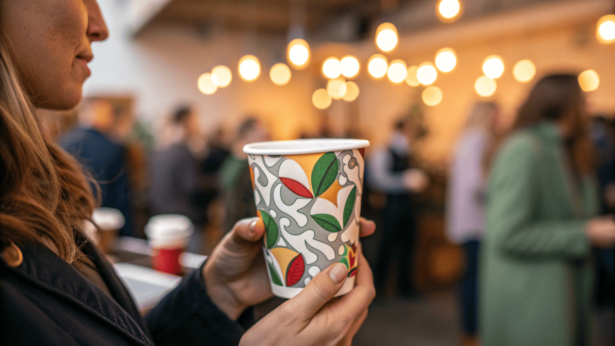 A guest at a corporate event holding a soup cup branded with the caterer's logo and website.