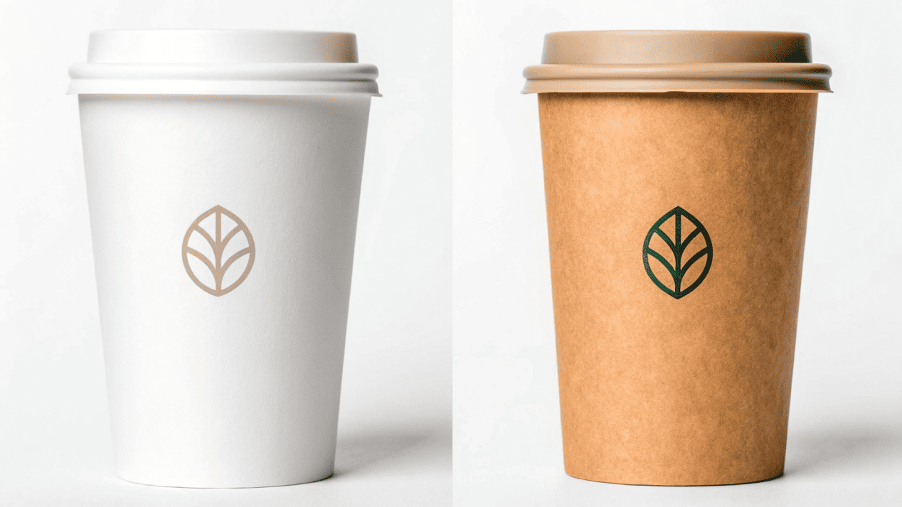 A side-by-side comparison of a branded white paper cup and a branded Kraft paper cup.