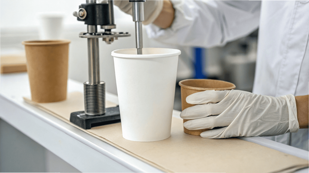 A lab technician performing a stress test on both a white and a Kraft paper cup.