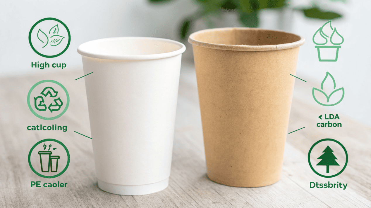An infographic comparing the eco-footprints of a PLA-coated white cup and a PE-coated Kraft cup.