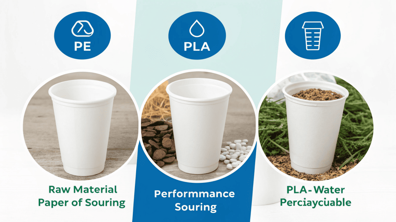 An infographic showing the lifecycle of a PE cup, PLA cup, and Aqueous cup.