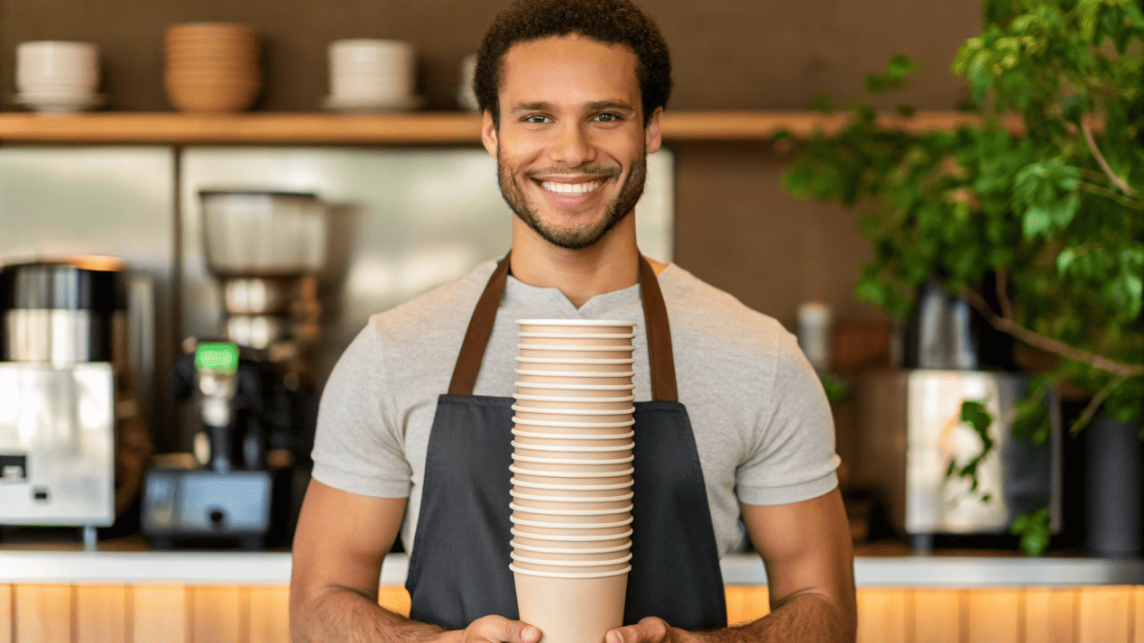 A coffee shop owner proudly holding a stack of Aqueous coated, plastic-free cups.